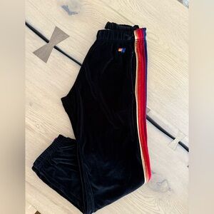 Aviator Nation Women’s velvet black sweatpants with stripes and pockets! Medium!